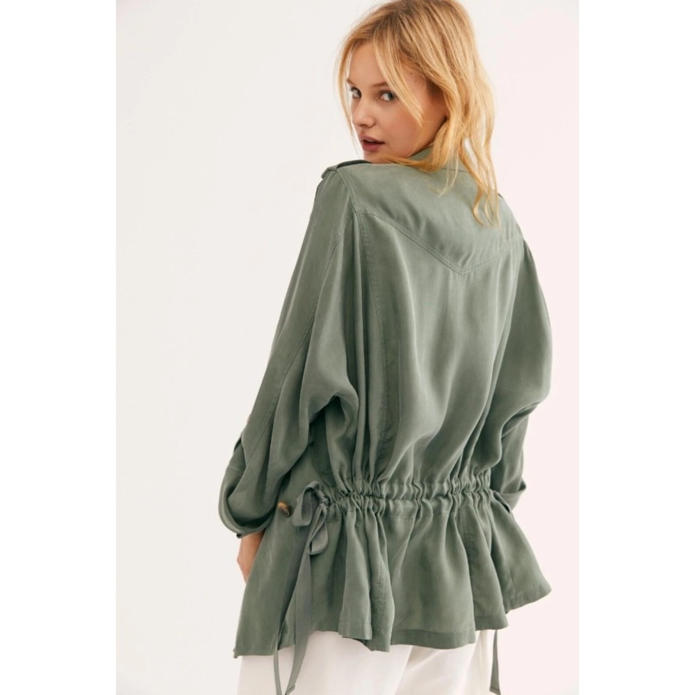 Free People Double Breasted The Lea Jacket Sage Green Cupro Utility Large Trench - Picture 3 of 10